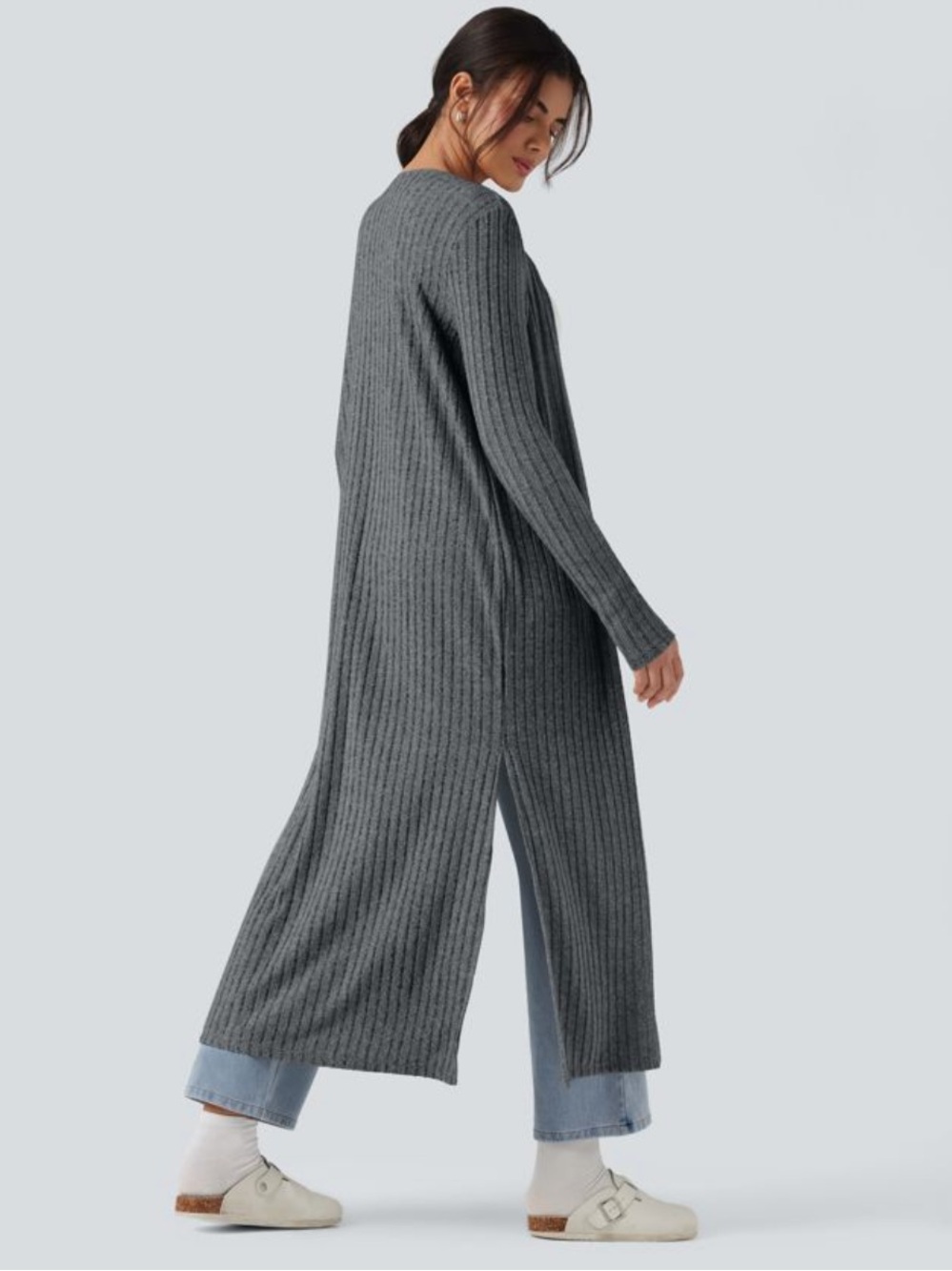 Halara Long Ribbed Open-Front Cardigan - Mottled Dark Gray